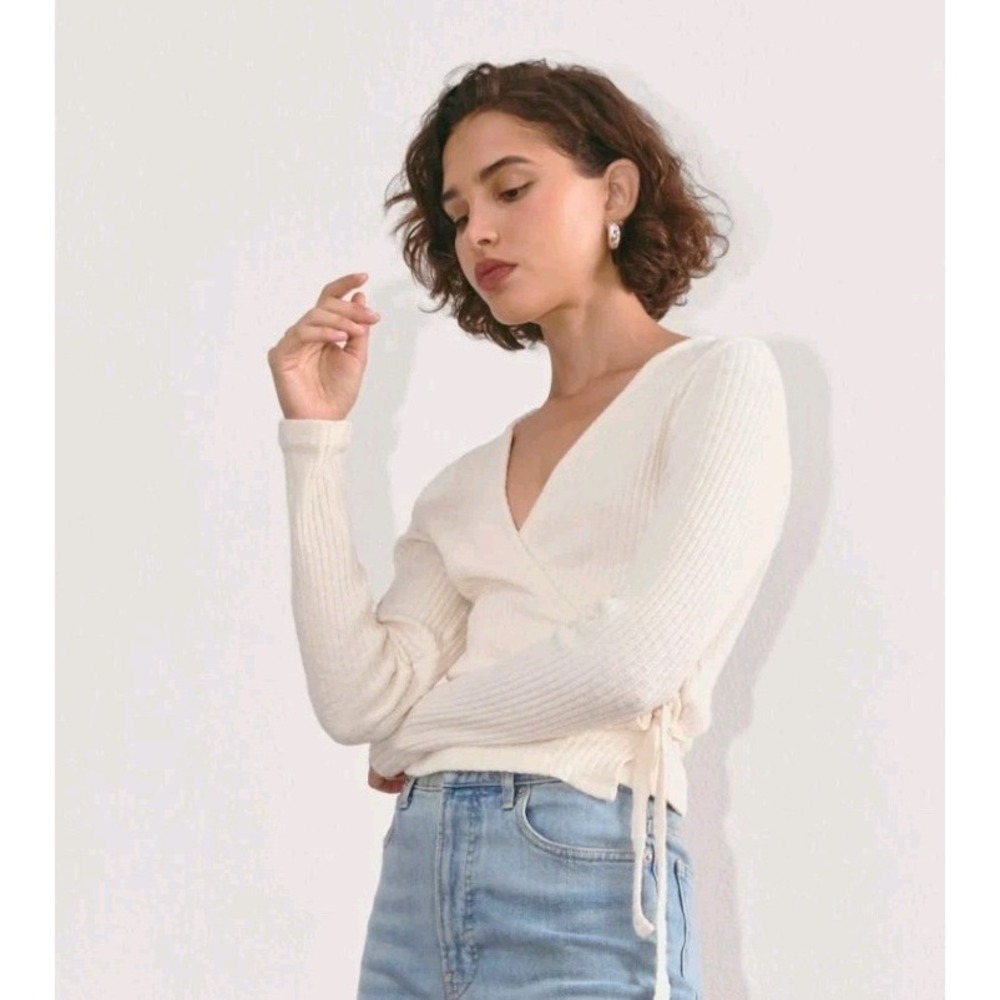 Everlane Sweater Womens S Ivory Organic Cotton Wrap V Neck Tie Waist Ribbed Knit